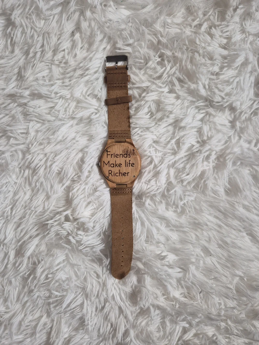 Wooden Look Watch Large Round Face Analog Tan Brown Friends Make Life Richer ✨️